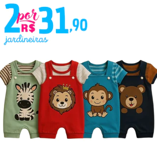 Kit 4 Peças Jardineira de Bebê Menino 2 Jardineiras + 2 Camisetas Safari Verão 0 a 6 Meses