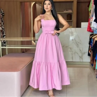 Vestido Longo Feminino em Tecido Sensorial com Bojo, Elástico nas Costas e Cinto de Laço – Modelo Elegante, Confortável em Oferta na Shopee