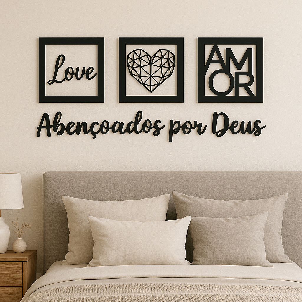 4 Quadros Vazados Love + Coração Geométrico + Amor + Abençoados por Deus em Mdf Cabeceira Cama Sofá