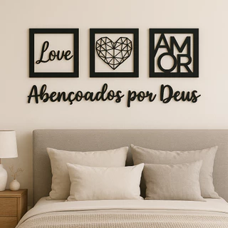 4 Quadros Vazados Love + Coração Geométrico + Amor + Abençoados por Deus em Mdf Cabeceira Cama Sofá