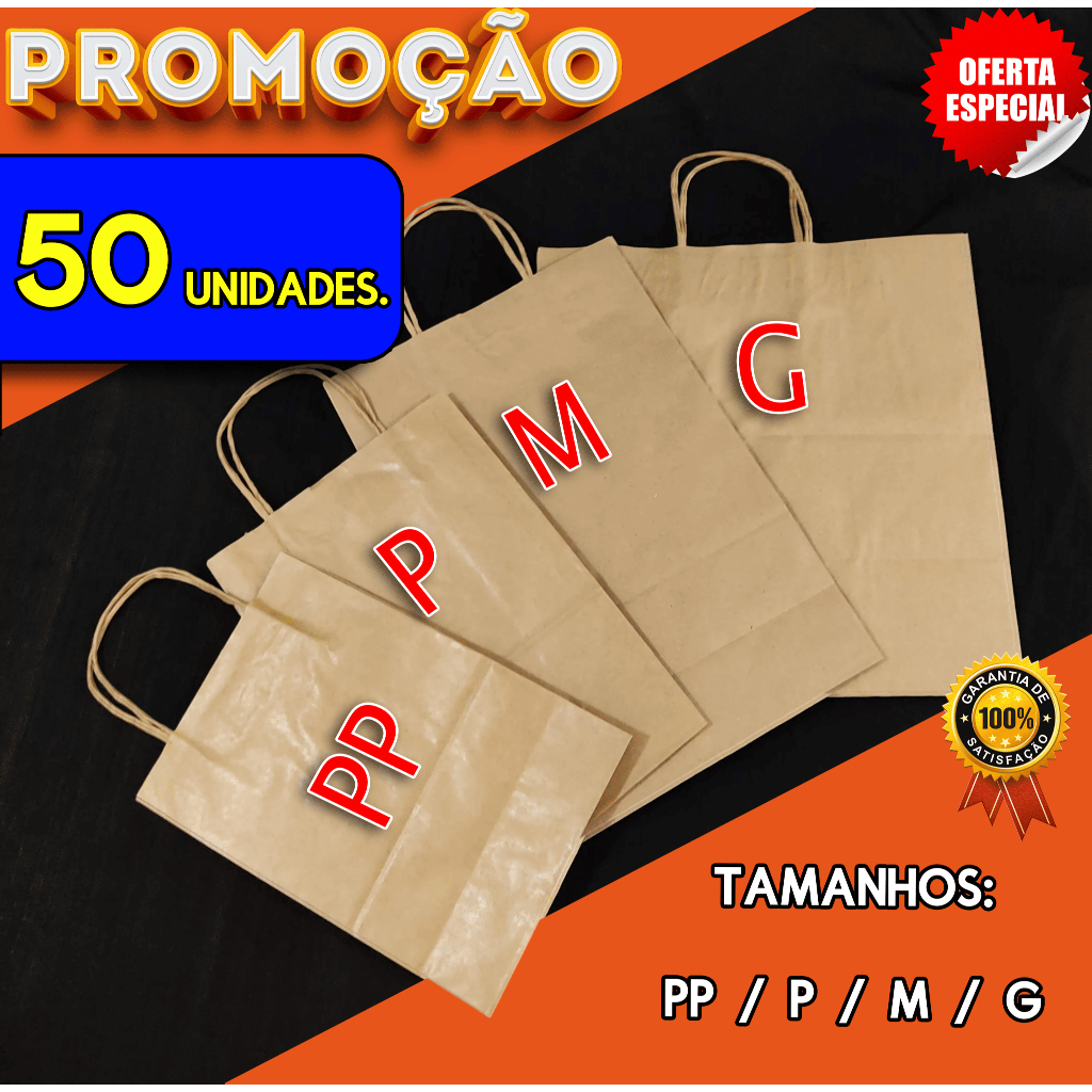 Sacola Papel Kraft | Pacote c/ 50 Unidades | Escolha Seu Tamanho | DIRETO DA FÁBRICA!