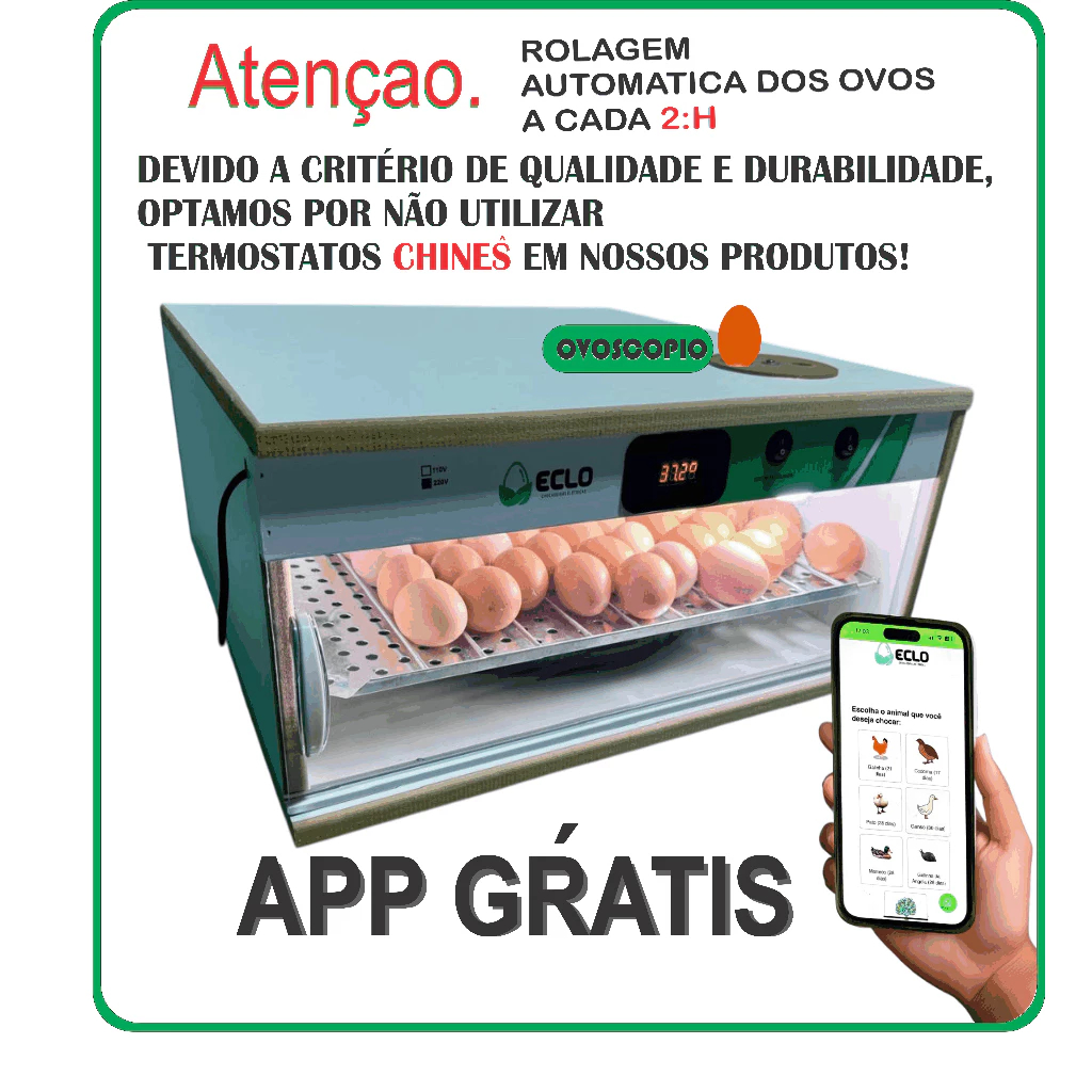 Chocadeira Automática e Digital 36 á 45 ovos de galinha+ Ovoscópio