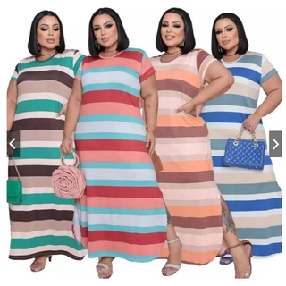 Vestido Plus Size Curve Longo Fendas Moda Verão Manga Curta 2710 em Oferta na Shopee