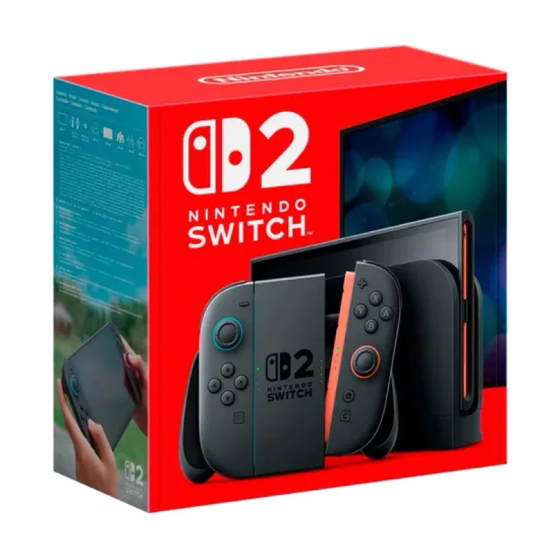 Caixa vermelha do Console Nintendo Switch 2 de 256GB, exibindo o console com Joy-Cons pretos e detalhes em azul e laranja, em perspectiva.