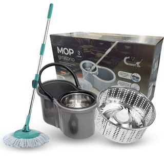 Mop Com Centrifuga Inox e Cabo em Inox Com Refil de Microfibra 9 Litros Mopi