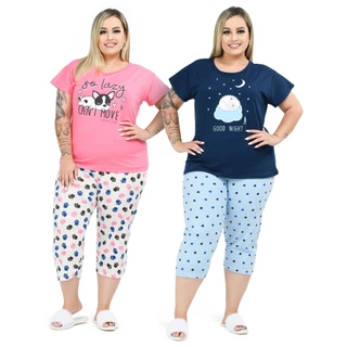 Kit 2 Pijamas Pescador Feminino Plus Size Modelagem Ampla Algodão Premium Confortável em Oferta na Shopee