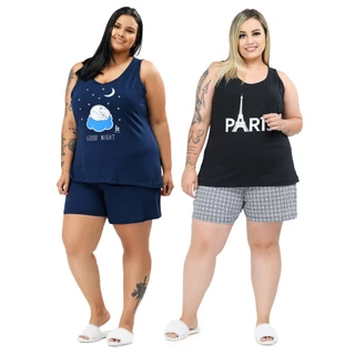 Kit 2 Pijamas Regata Feminino Plus Size Modelagem Ampla Algodão Premium Confortável em Oferta na Shopee