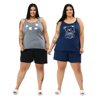Kit com 2 Conjuntos Pijama Feminino Plus Size Curve de Alcinha 100% Algodão Envio Imediato em Oferta na Shopee