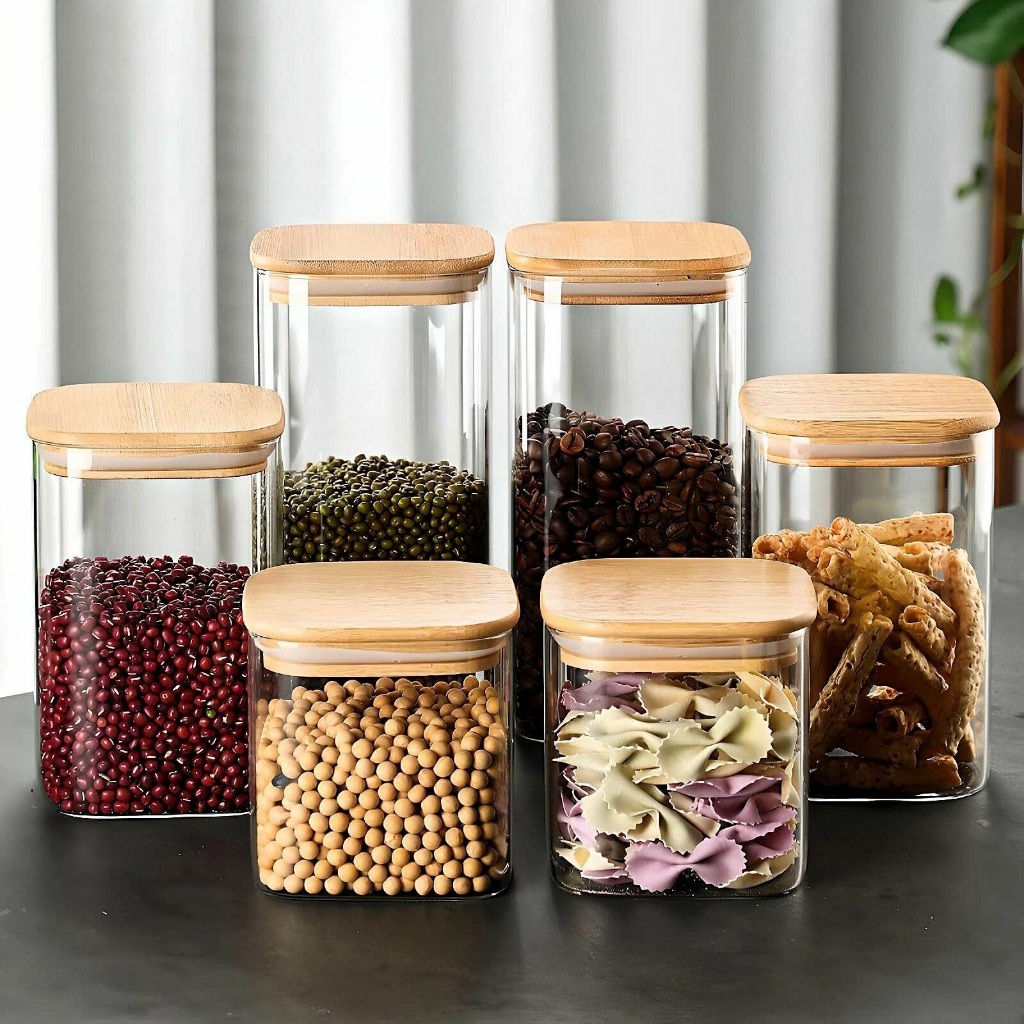 Jogo Potes Vidro Quadrado Hermético Tampa Bambu Premium Alimentos Condimentos Organização Cozinha