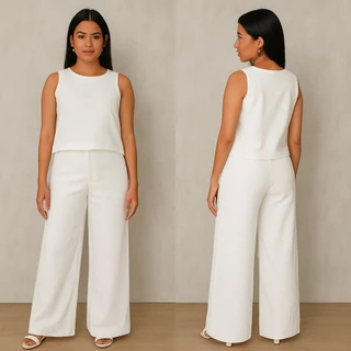 Conjunto Feminino Alfaiataria De Linho Outono Inverno Calça Pantalona E Camiseta Regata Casual