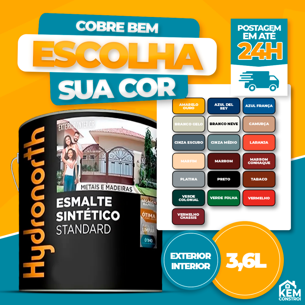 Tinta Esmalte Sintético Brilhante 3,6L Alta Cobertura Varias Cores Hydronorth
