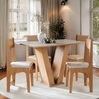 Conjunto Sala de Jantar Completo Vivi Mesa Tampo Madeira 4 Cadeiras - Mel Off