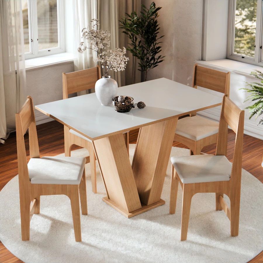 Conjunto Sala de Jantar 4 Lugares Cadeiras Estofadas Mesa Vivi Para Cozinha Tampo Semelhante Vidro