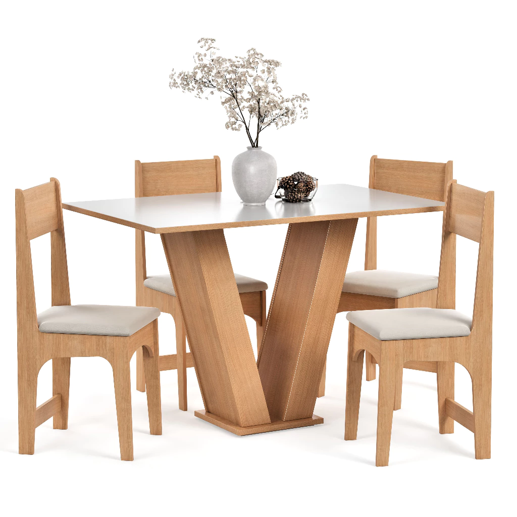 Conjunto Sala de Jantar 4 Lugares Cadeiras Estofadas Mesa Vivi Para Cozinha Tampo Semelhante Vidro — foto 2 de 4