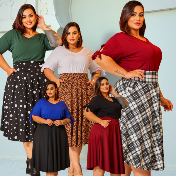 Saia Plus Size Confortável Mídi Cintura Alta Elegante Solta Godê ...