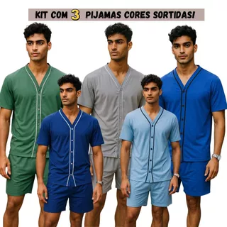 Kit com 3 Pijamas masculino Cirurgico com botões aberto no peitoral em malha cores sortidas em Oferta na Shopee