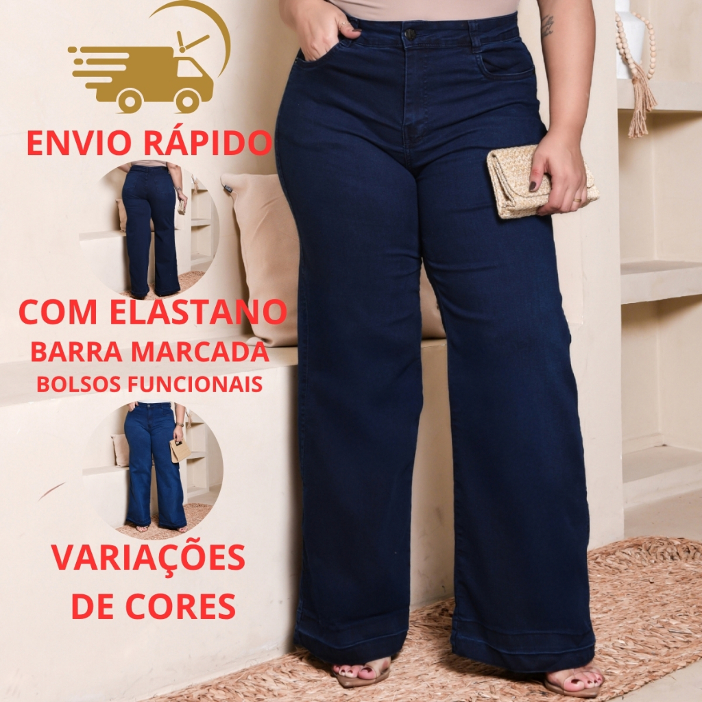Calça Wide Leg Jeans Feminina Plus Size Cintura Alta Perna Larga ...