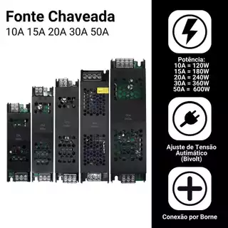 Fonte Chaveada 12v/24v 5A|10A|20A|30A|50A Capa Preta P/ Cftv Fita Led Som Automotivo Bivolt