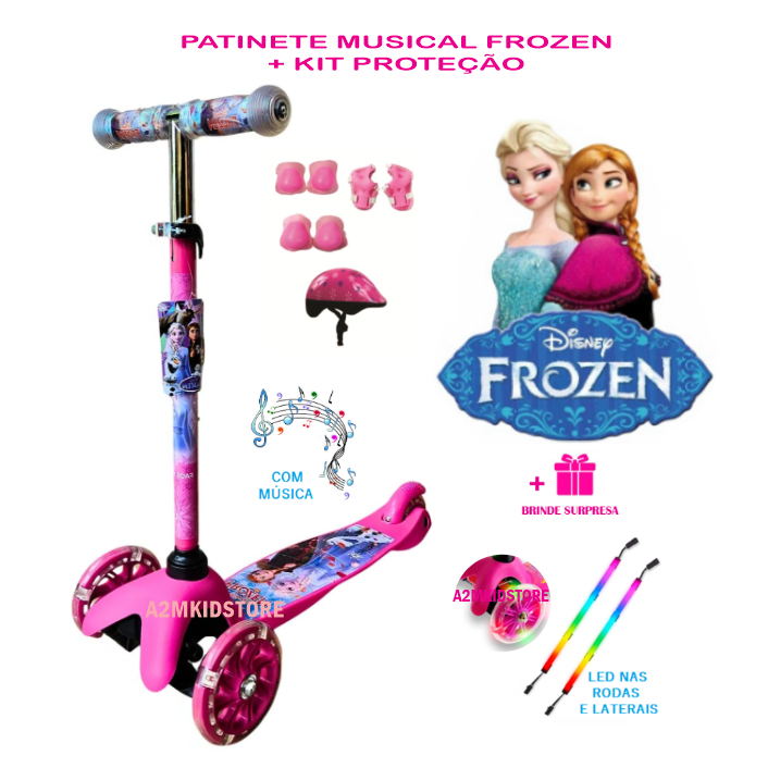 Patinete Infantil Frozen Menina Rosa Música Led Nas 3 Rodas e Laterais ...