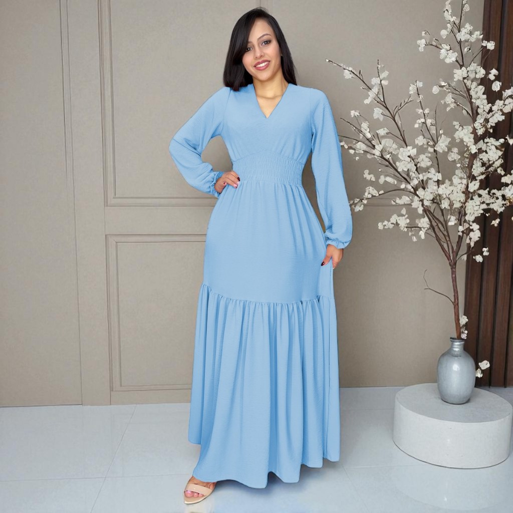 Vestido Feminino Longo Lástex Plus Size Manga Longa Decote V