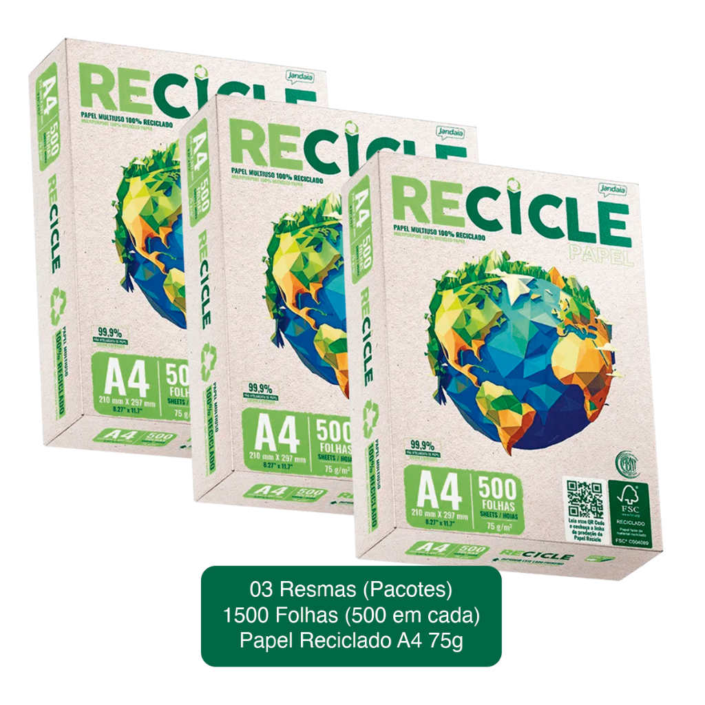 Kit 3 Pacotes De 500 Folhas De Papel Sulfite A4 Reciclado Jandaia ...