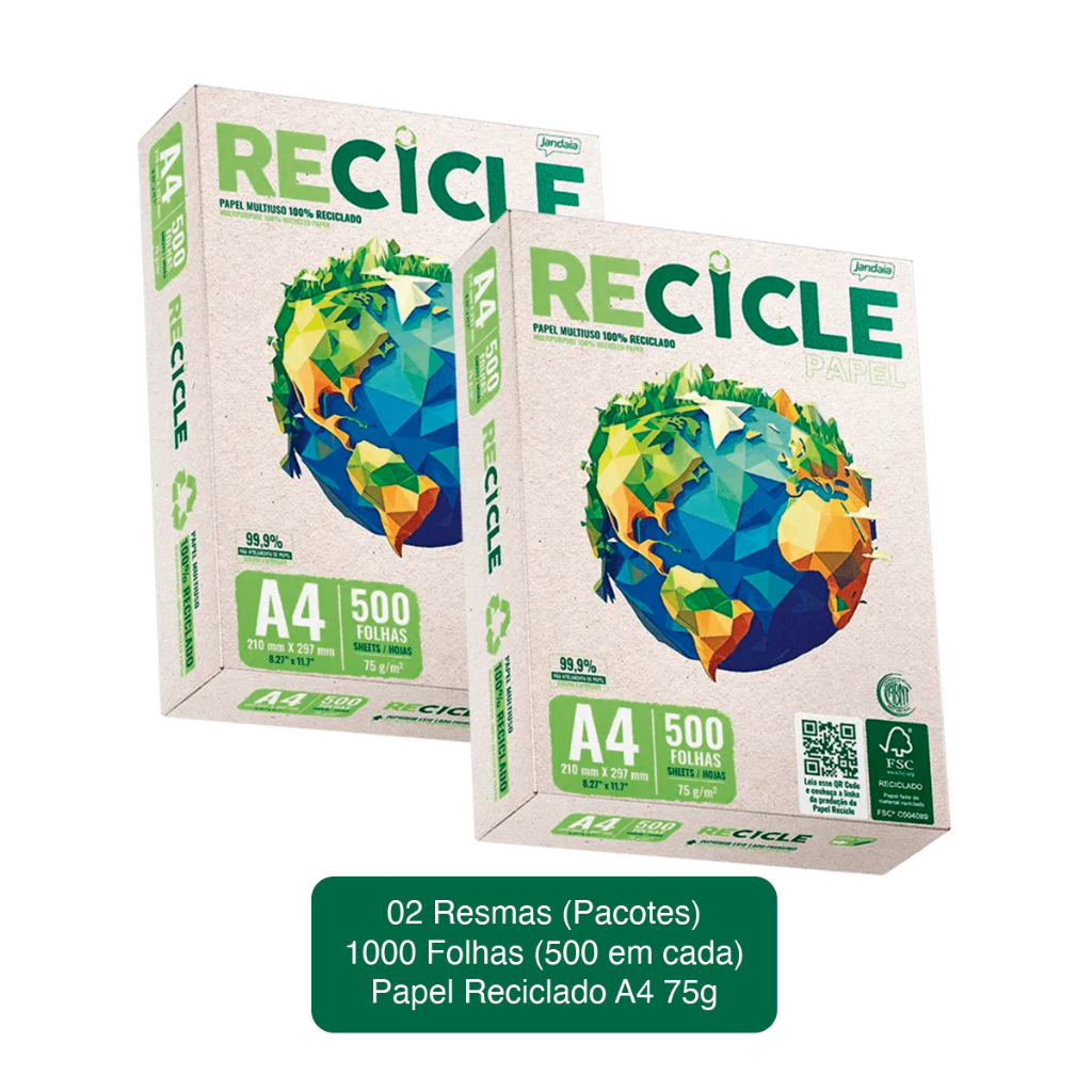 Kit 2 Pacotes Papel Sulfite A4 Reciclado Jandaia Recicle Resma 75g ...
