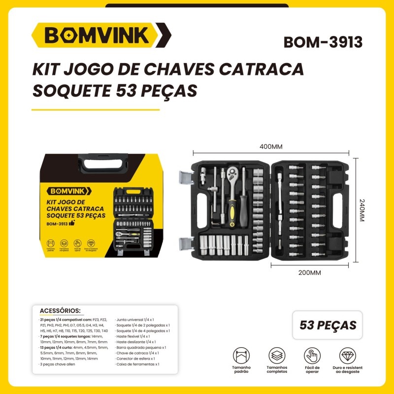 Jogo de Chaves Catraca Soquete 53 Peças BOM-3913 - Bomvink