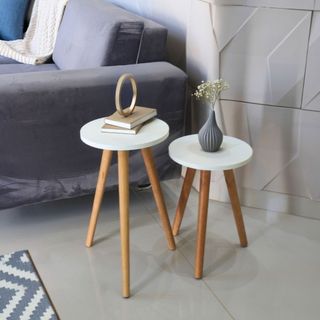 Conjunto de Mesinha Lateral Redonda Sala Pe Madeira Retro Sala Quarto