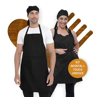 Kit Com Avental e Touca Bandana Unissex Churrasqueiro Cozinha Restaurante Garçom