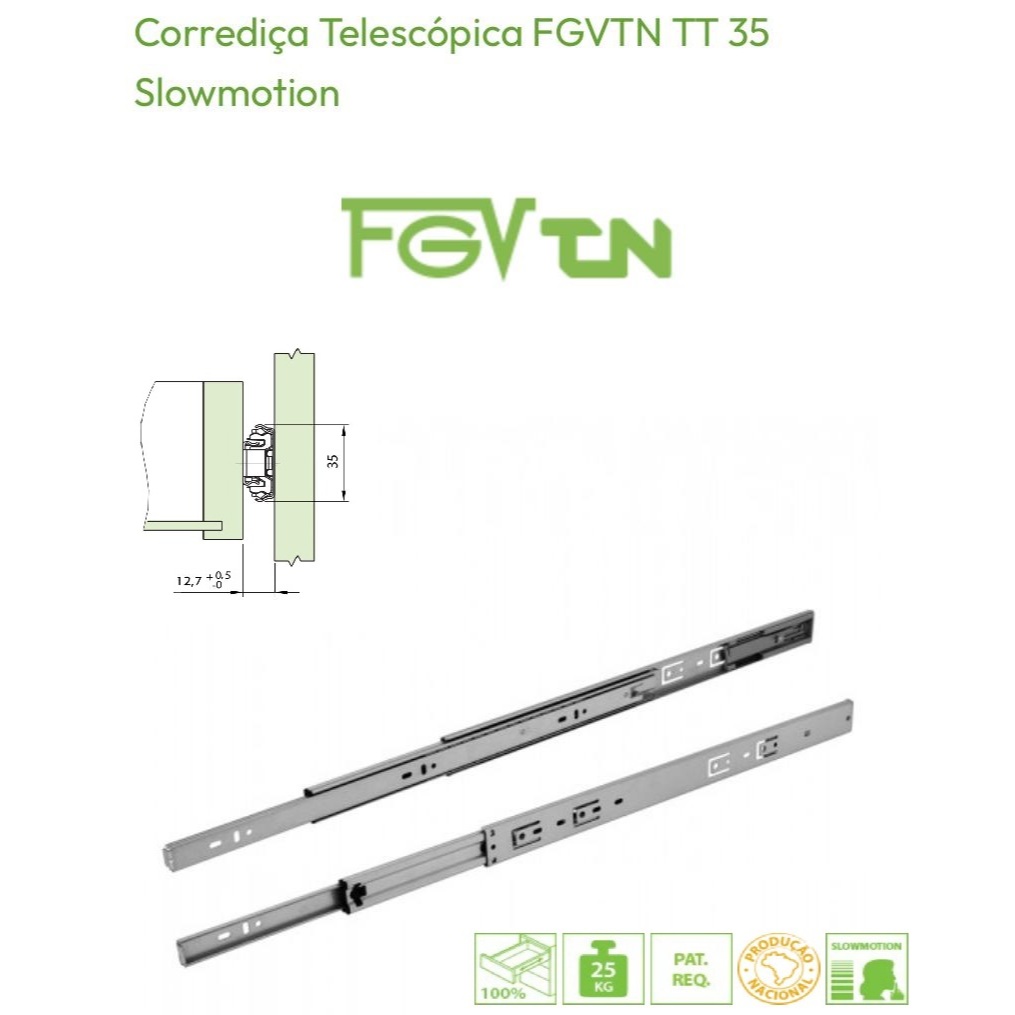 Corrediça Telescópica com Amortecedor 45 cm - Aço zincado TT35–Deslizamento Suave e Silencioso -FGV