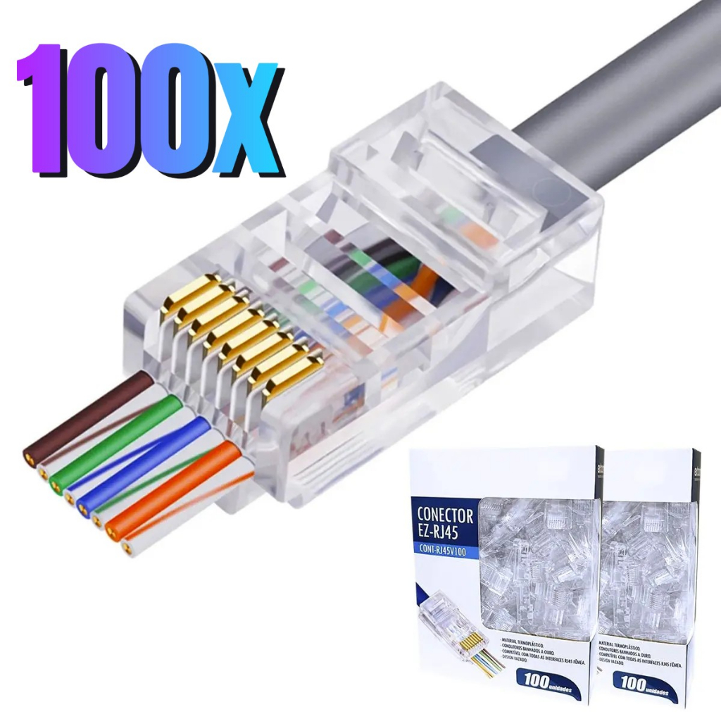 Conector Hibrido RJ45 CAT6 / CAT5E VAZADO Banhado a Ouro10/20/30/50/100 - Rede Alta Velocidade 1Gbps | Shopee Brasil