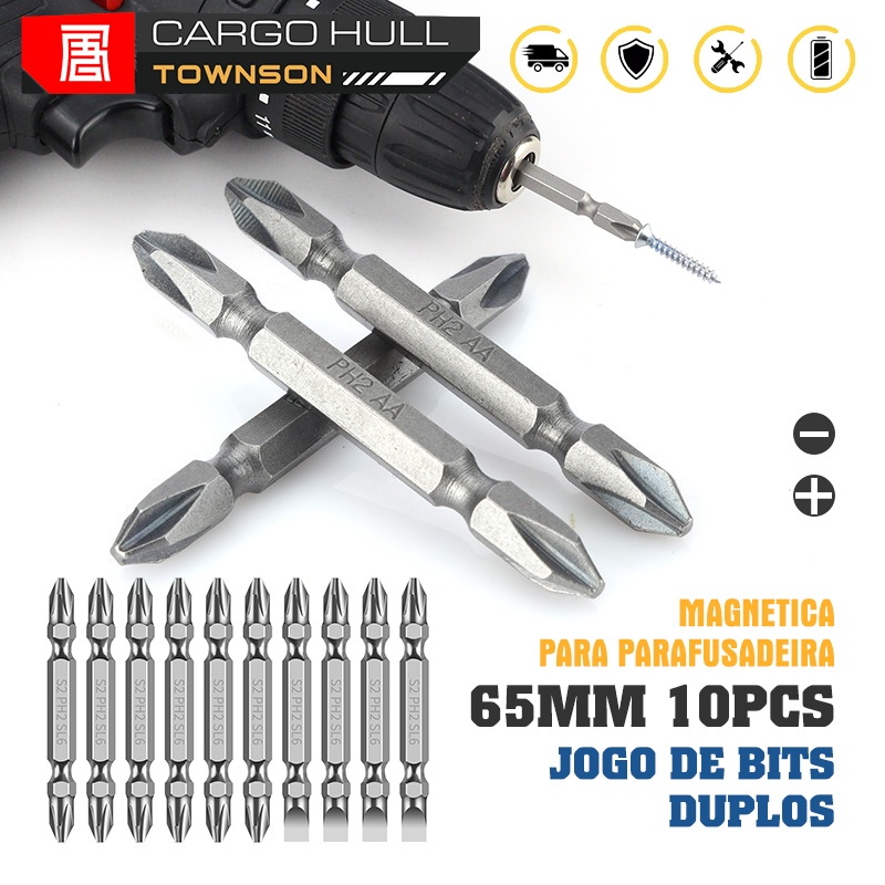 Kit 10 Peças Bits Ponteira Dupla Philips e Fenda 65mm Aço Vanádio