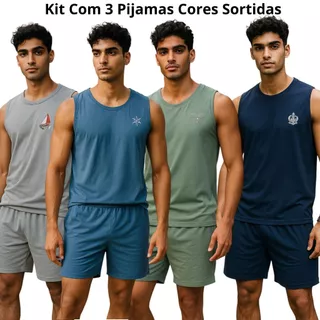 Kit com 3 Pijamas Masculino Regata ou Meia Manga Verão Adulto em Malha de Qualidade Azul/Verde/Cinza em Oferta na Shopee