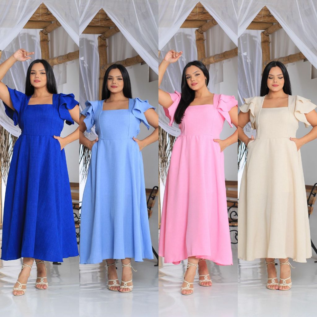 Vestido Evangelico Linho Moda Cristã Madrinha Formatura Casamento Babado Na Manga Premium Casual Top
