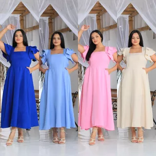 Vestido Evangelico Linho Moda Cristã Madrinha Formatura Casamento Babado Na Manga Premium Casual Top