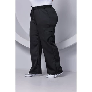 . Calça PLUS SIZE Pantalona Wide Leg Feminina C/ Bolso Cargo