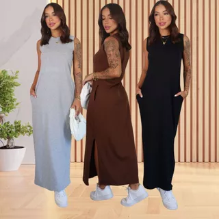 Vestido Longo Feminino Cavado Conforto Blogueira Longo com Bolso Moda Gringa em Oferta na Shopee