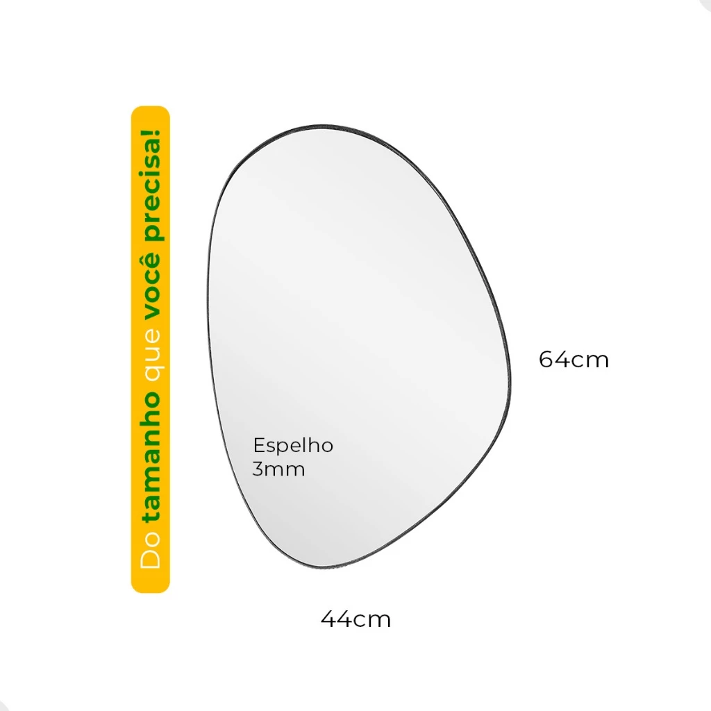 Diagrama técnico do espelho orgânico indicando as dimensões de 44cm de largura, 64cm de altura e espessura de 3mm.