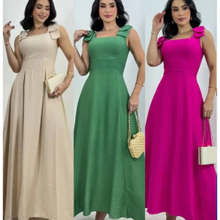 Vestido Longo com Laço no Ombro, Bojo, Forro e Elástex nas Costas – Elegância e Conforto em Cada Detalhe em Oferta na Shopee