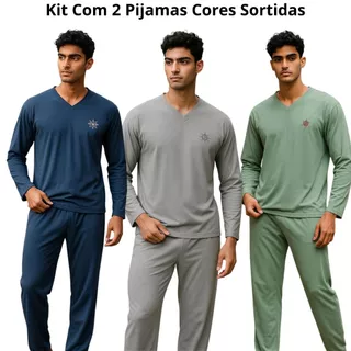 Kit com 2 Pijamas Masculino Inverno Manga Longa com Calça em Malha de Qualidade Cores Sortidas em Oferta na Shopee