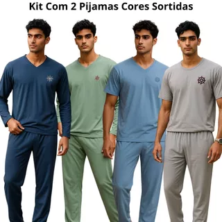 Kit com 2 Pijamas Masculino de Inverno com Calça em Malha de Qualidade CORES SORTIDAS em Oferta na Shopee