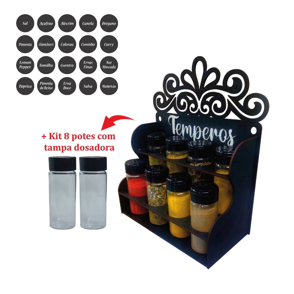 PORTA TEMPERO DE PAREDE + KIT POTES E TAMPA DOSADORA + KIT COM ADESIVOS PARA POTE TEMPERO