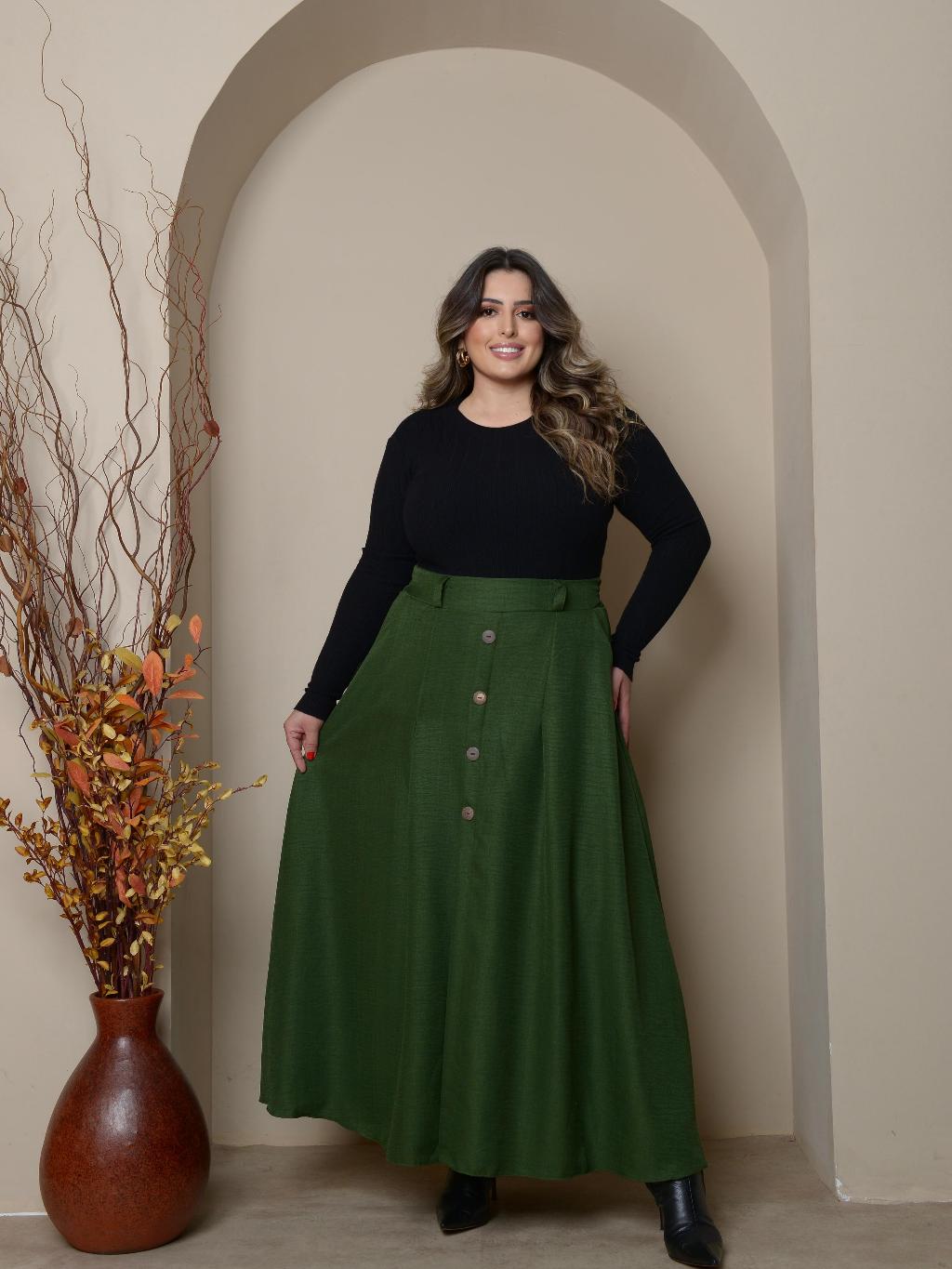 Saia Longa Plus Size em Duna Linho Forrado com Botões na Frente Moda ...