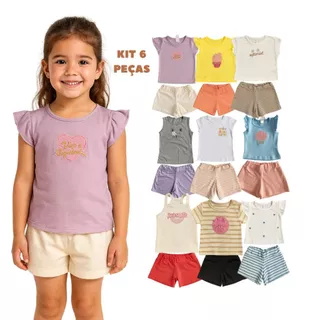 Kit 6 Peças Roupas Verão Infantil Menina Camiseta + Shorts Tamanho 1 ao 12 Anos