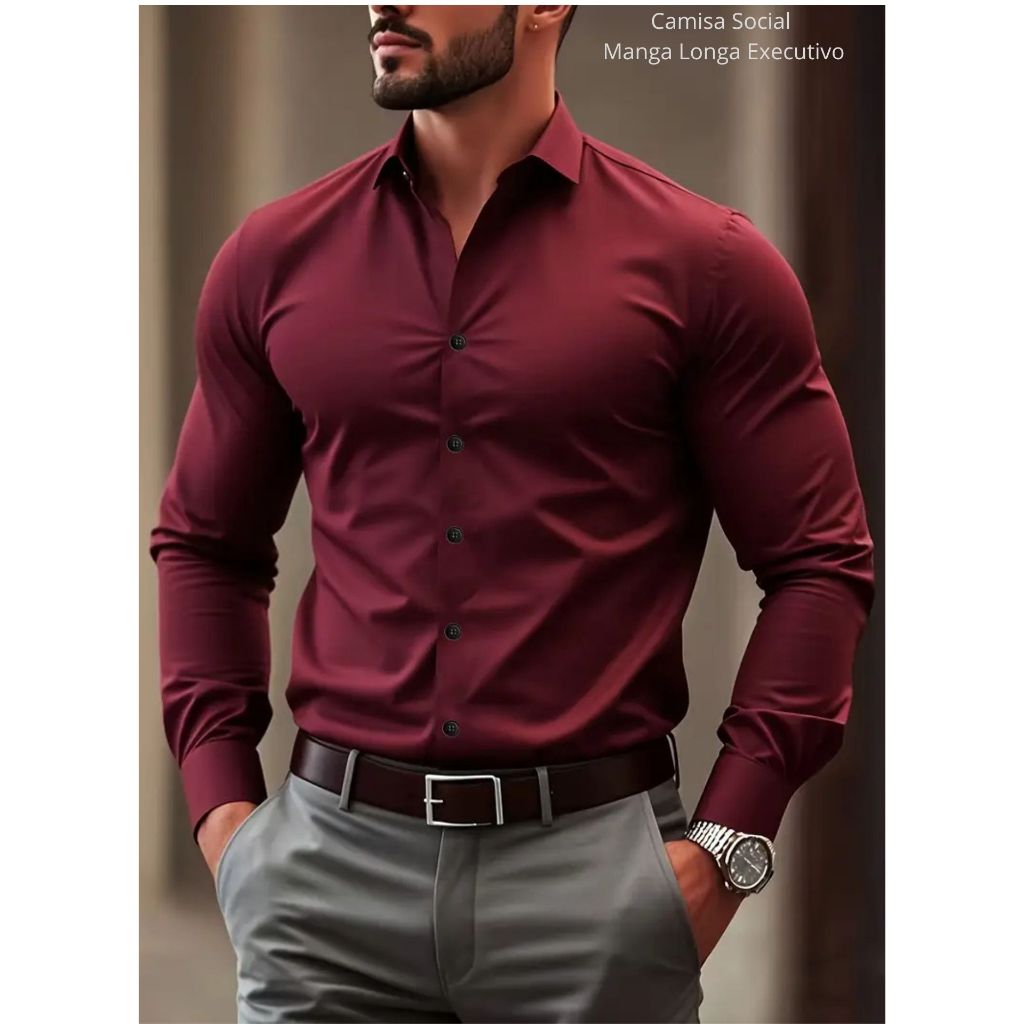 Camisa Social Masculina Slim Manga Longa Premium Padrinho de Casamento ...