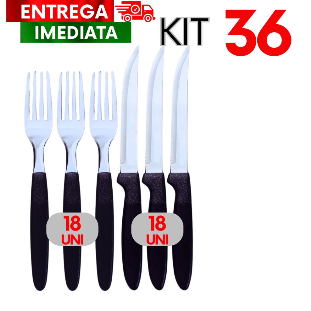 36 Talheres em aço inox premium 18 Facas, 18 Garfos Resistencia e Durabilidade, Linha Colorida Preto