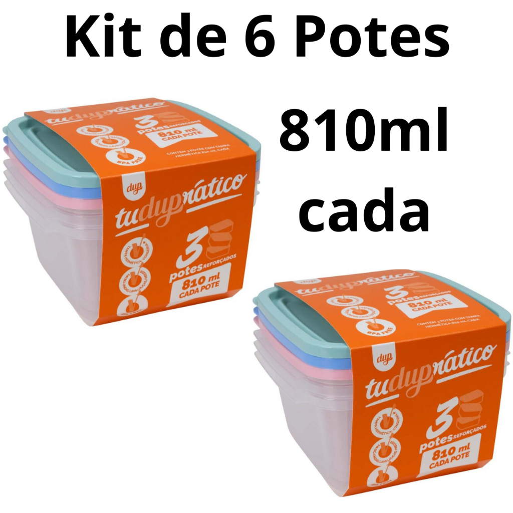 kit 3 Potes Herméticos Reforçados com Tampa Dup 810ml Micro-ondas