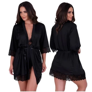 ROBE FEMININO LUXUOSO COM DETALHES SENSUAIS EM RENDA, MANGA MÉDIA – PERFEITO COMO PIJAMA ELEGANTE.
