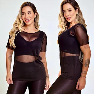 Blusa Feminina Transparente De Tule Manga Curta Camiseta Academia Treino Fitness Musculação em Oferta na Shopee