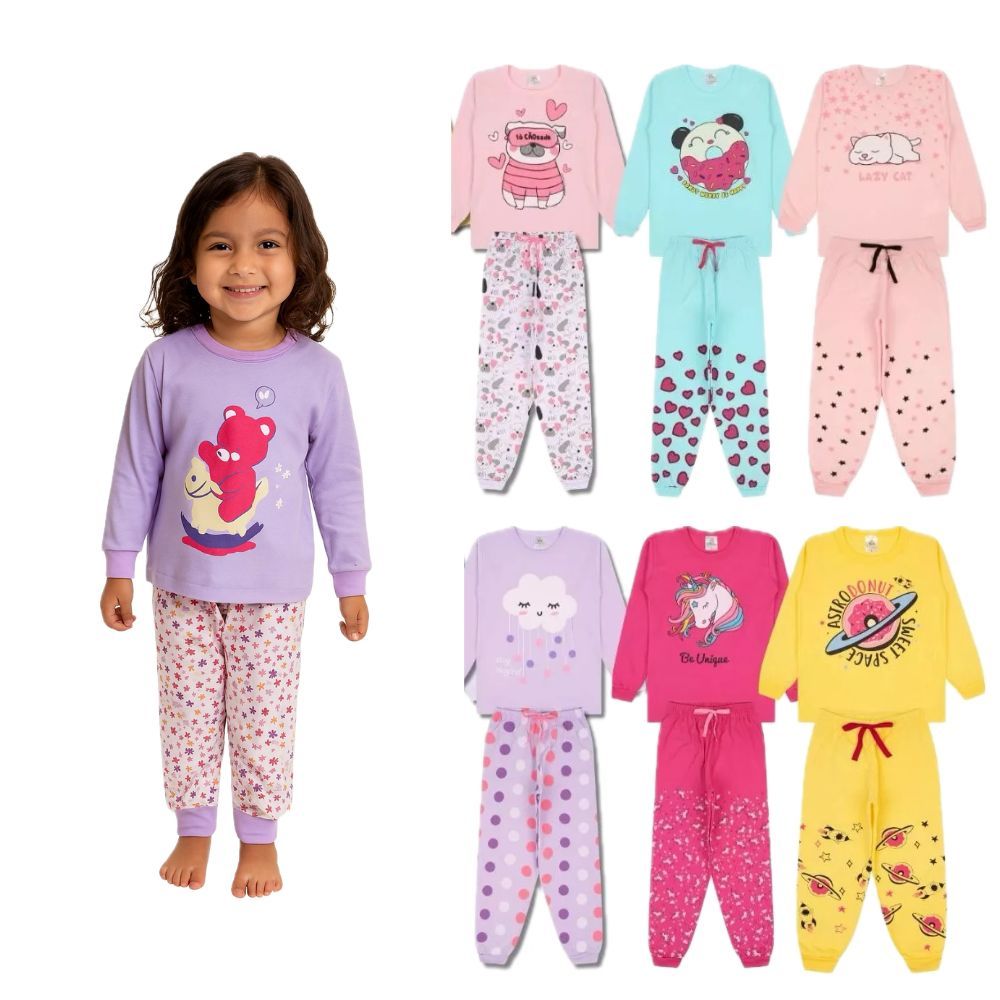 Kit 2 Peças Pijama Infantil Menina Inverno Manga Comprida em Oferta na Shopee